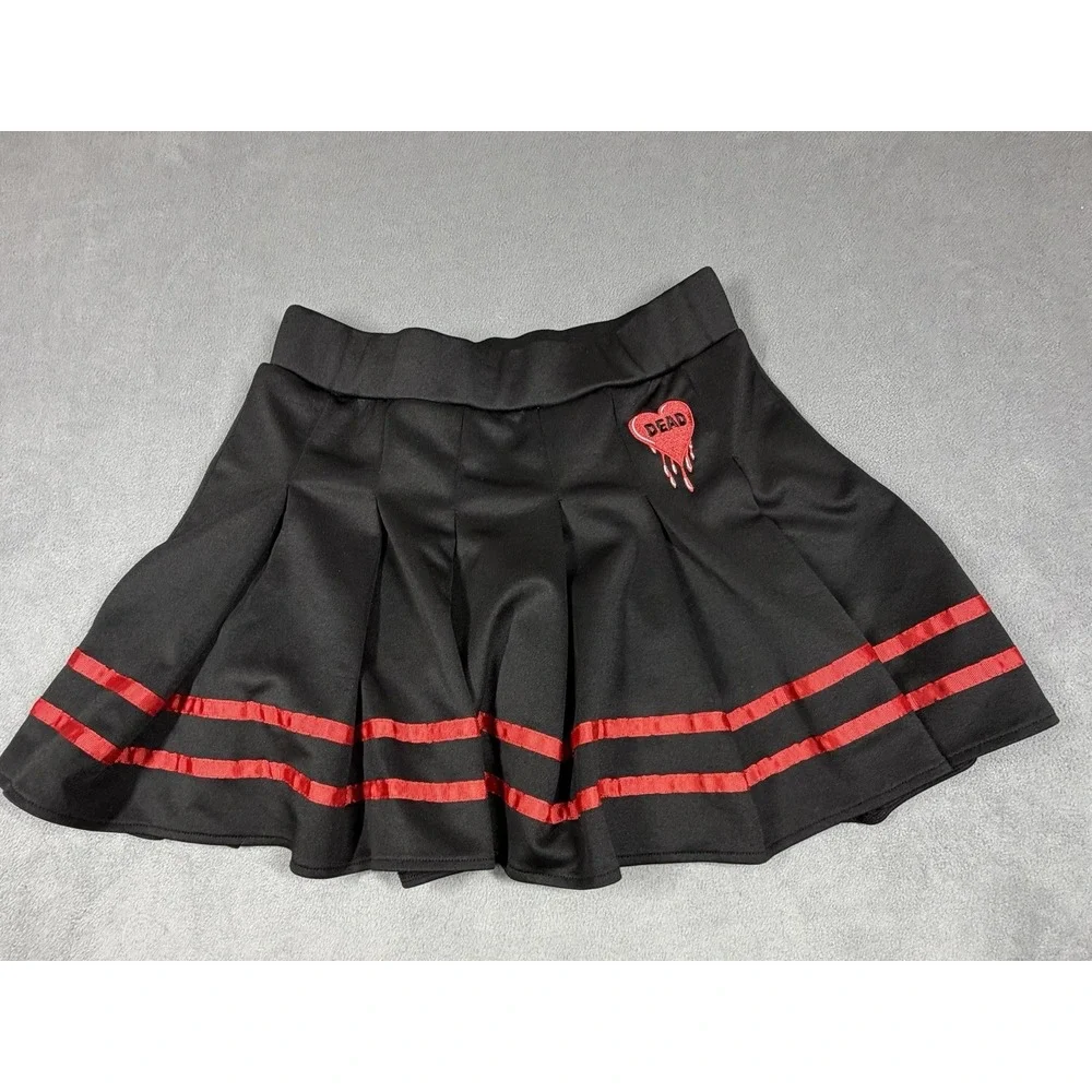 Spencer's Body Rage Skirt Womens Large Black Pleated Mini‎ Red Stripe Heart Dead